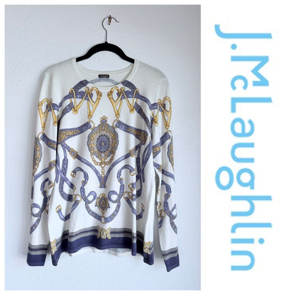 J.McLaughlin Jamey Cotton-Modal Equestrian Print Sweater in Ivory, Purple & Gold